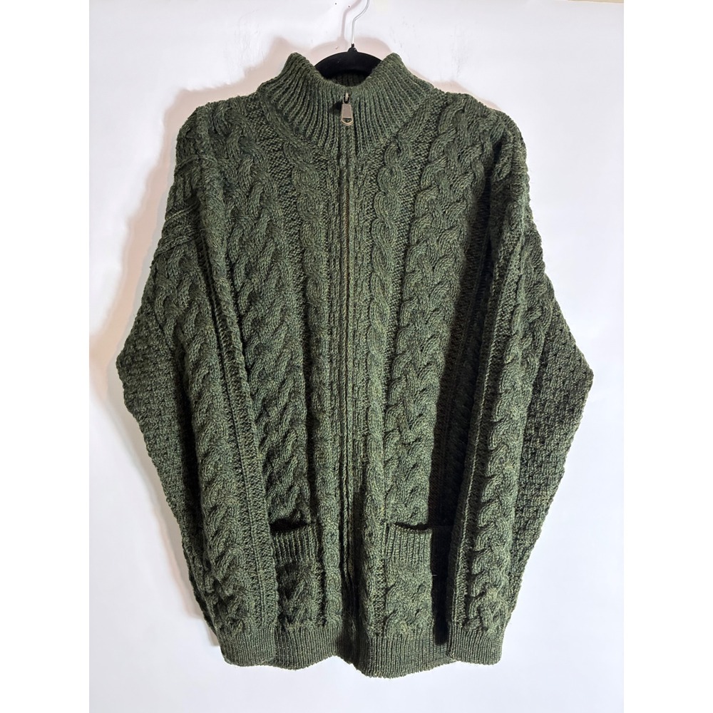 Shannon Woolen Mills Ireland Green Wool Cable Knit Full Zip Cardigan Sweater